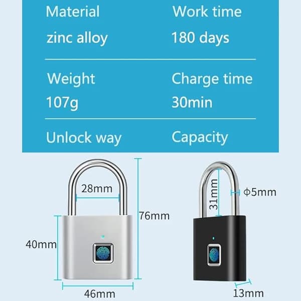 Fingeravtryckslås, Vattentätt Fingeravtryckshänglås, USB-laddning, Biometrisk,