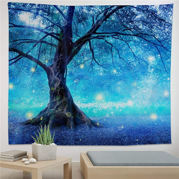 Väggbonad Magisk Skog Blå Trä Väggbonad för Sovrum Vardagsrum -130x150cm
