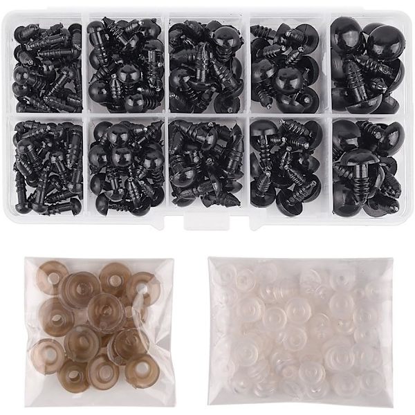 142 stk 6-12mm sikkerhetsøyne i plast med skiver for dukker, dukker, utstoppede dyr (svart)