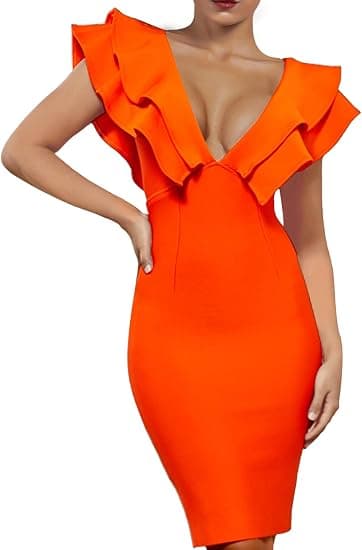 Kvinde Ruffle Kortærmet Plunge V-hals Bodycon Kjole Tilbage Split