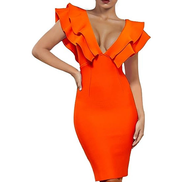 Kvinners Ruffle Korte Ermer Plunge V-hals Bodycon Kjole Bak Split