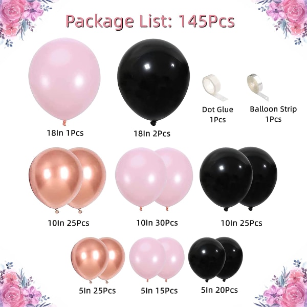 143 stk. Rose Gold Ballonbue Guirlande Kit, Sort Pink og Rose Gold