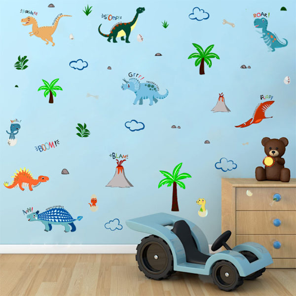 En uppsättning dinosaurier, djur, moln, växter väggdekaler