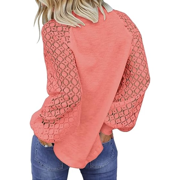 Kvinners langærmede topper blonder tilfeldig løs bluser T-skjorter, rosa, XL