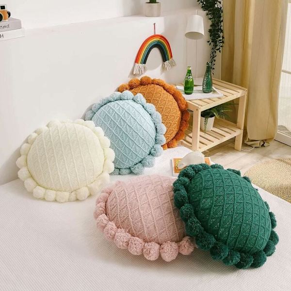 Boho-pute med dusker, rund dekorativ pute for seng og sofa