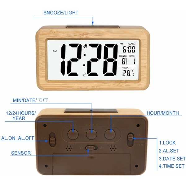 Enkel Inställning Bambu Digital Väckarklocka med Temperatur, Digital Väckarklocka, för Sovrum