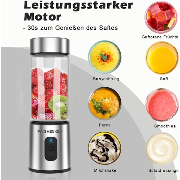 Blender Mixer, 400ML Portabel Smoothie Blender Mini Mixer med 6 Rostfria Stålblad, USB Mini Blender för Juice, Shakes och Barnmat