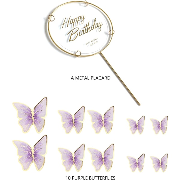 11 st lila fjärils tårtdekorationer Happy Birthday Metallic G