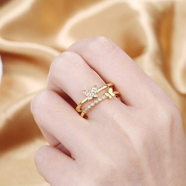 Zirkon Fjäril Finger Ring För Kvinnor Guld Färg Metall Dubbel La