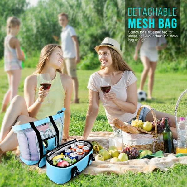 Mesh Strandväska med kylväska - Avtagbar design med picknickkylväska, blå