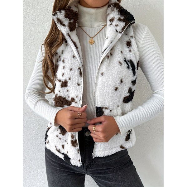 (M)Women's Cow Print Fleece Fuzzy Zip Up Vest Jacket Sleeveless Outwear with Pockets