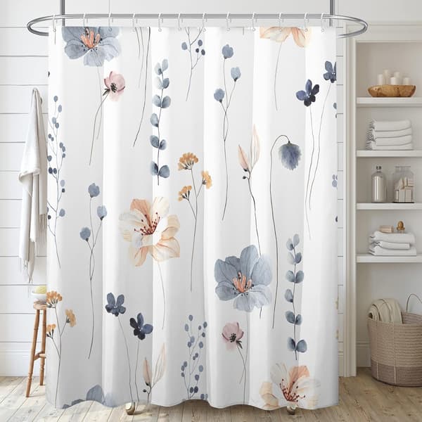 Akvarell blommig duschdraperi set, blå beige blommor badrum