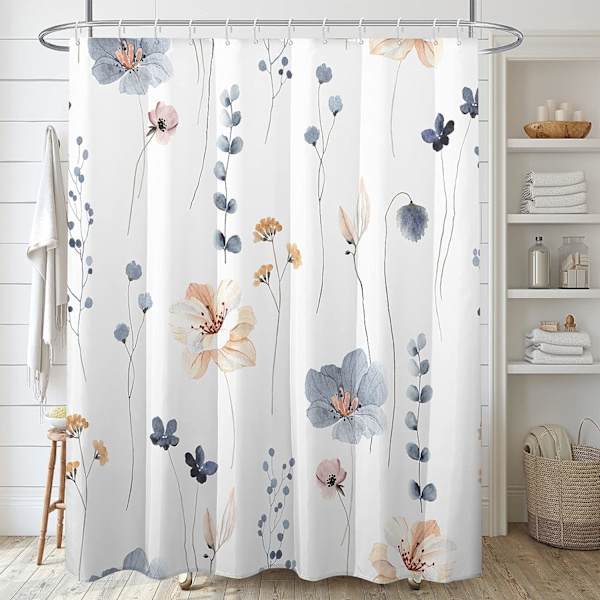 Decoreagy Akvarell Blommig Duschdraperi Set, Blå Beige Blommor