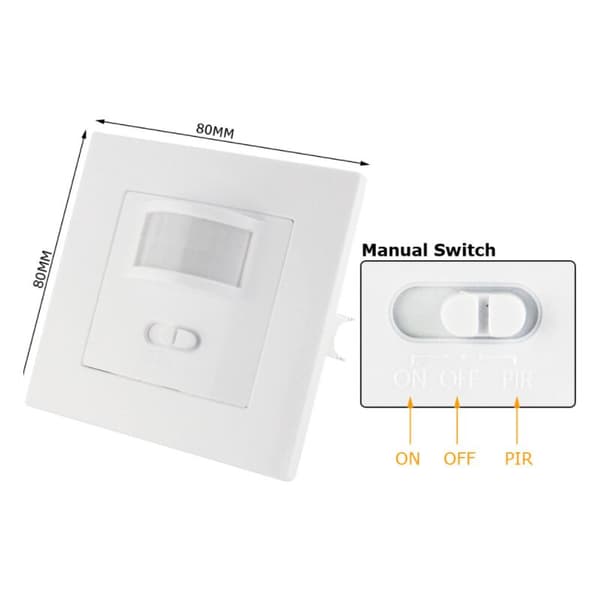 Innendørs bevegelsessensor, innfelt veggmontering, egnet LED, infrarød sensor, programmerbar, rekkevidde 9m/140° 80x80x45mm