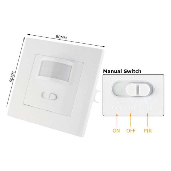 Rörelsedetektor för inomhusbruk, infälld väggmontering, lämplig LED, infraröd sensor, programmerbar, räckvidd 9m/140° 80x80x45mm