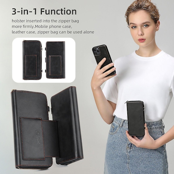 Mobiltelefondeksler - Universal iPhone 15 Pro Max lommebokdeksel med crossbody-reim og kortspor