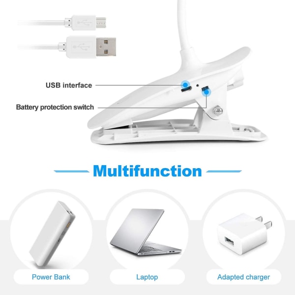 Led skrivebordslampe, USB-kabel genopladelig clip-on læselampe, 3 lystilstande