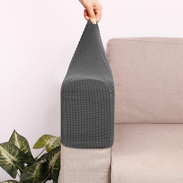 Pakke med sofaarmlene-beskyttere for lenestoler og sofaer - Sklisikre, premium, elastiske og strekkbare trekk (Mørk grå)