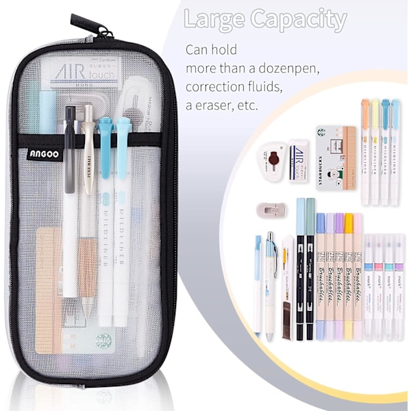 Rutnät Mesh Pennfodral med blixtlås Genomskinlig Makeup Färgpåse Kosmetisk Väska Multifunktionell Reseskola Tonårsflickor Transparent Stationär Väska Kontor