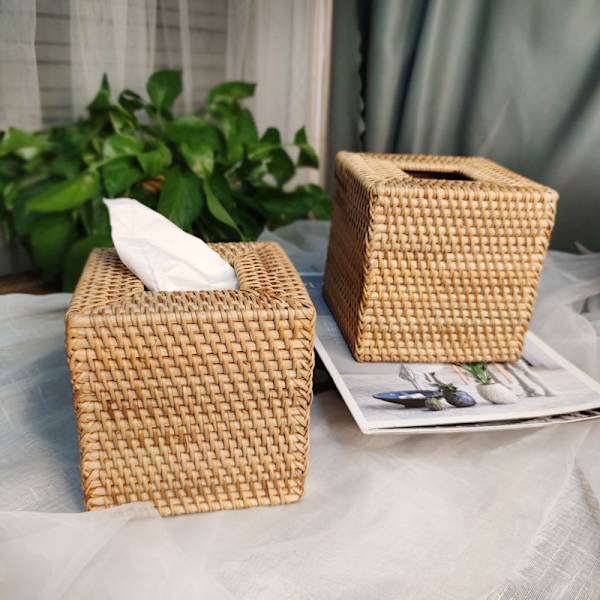 Rattan Servettbehållare Kvadratisk, Handvävd Korg Servetthållare,