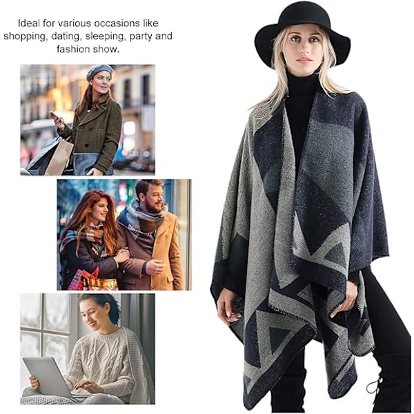 Plaid Trykt Strikket Trøje Vest Stor Lang Poncho Tartan Stil Hætte Varmt Stor Fleece Kappe Jakke Sjal Ponchos Sjal Efterår Vinter Etnisk, 130