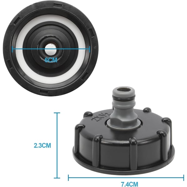 2 kpl S60x6 IBC-säiliön korkkia, 1000L säiliön liitin, 1/2\" ulostulohalkaisijalla varustettu liitäntä 60mm Ton-venttiilille, 1/2\" puutarhaletkuliitin