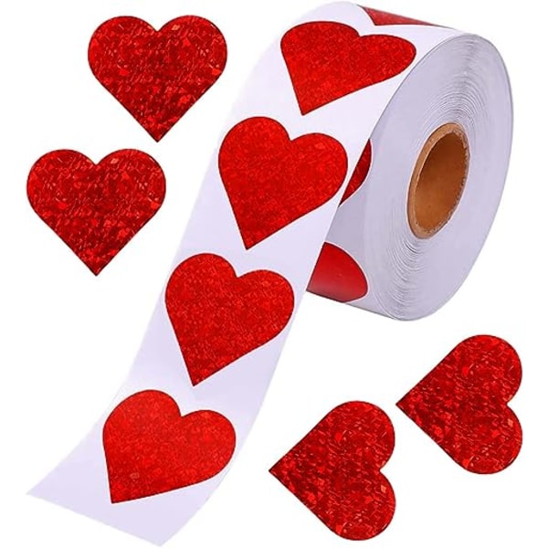 Alla hjärtans glitterröda hjärtaklistermärken - 1,5" dekorativa hjärtaetiketter 500 per rulle