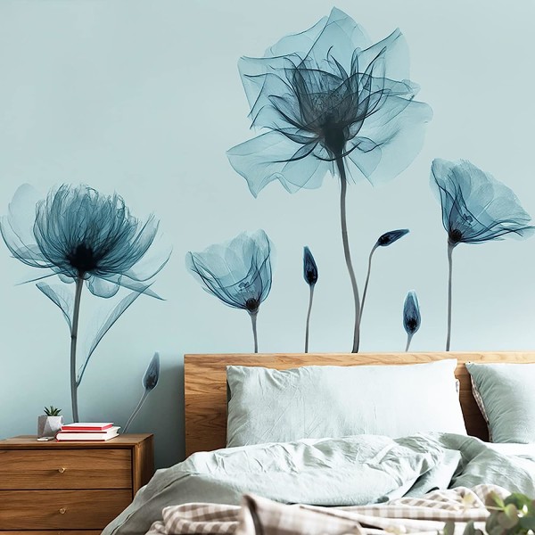 Veggdekor med blå blomster Veggklistremerker Peel and Stick Avtagbar dekalpinne DIY W