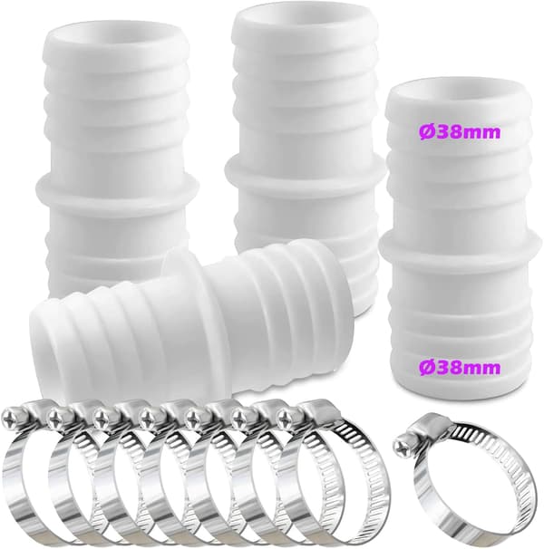 Förpackning med 38 mm slangkopplingar med 8 slangklämmor - Dubbel slangadapter (Vit)