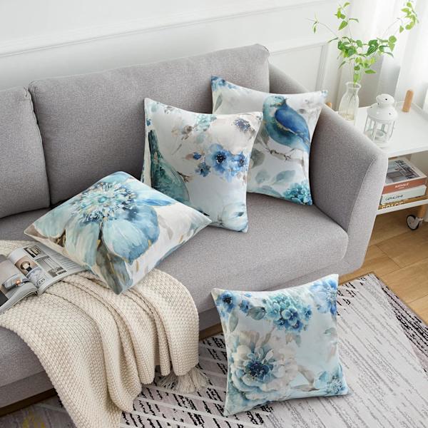 4 stk. pudebetræk dekorativt firkantet pudebetræk med blomster- og fuglemønster 45 x 45 cm sofa bil hjem dekoration pudebetræk blå