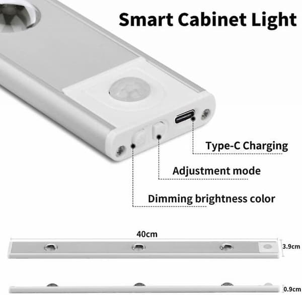 40cm LED-lampe, 4 moduser skaplampe med bevegelsessensor, 550mah USB-lading
