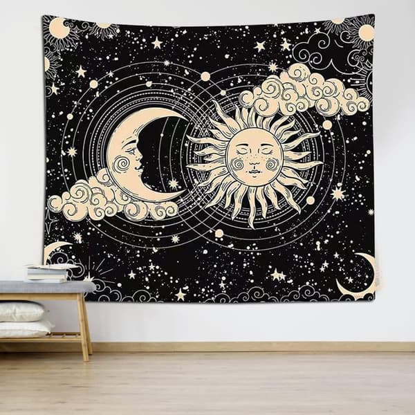 Sol og Måne Gobelin Boho Gobeliner Sort Psykedeliske Stjerner Væg