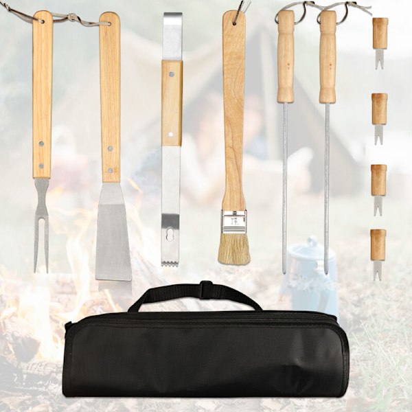 10st Grillset i rostfritt stål, grilltillbehör för män, högkvalitativt grillredskapsset för camping, brun