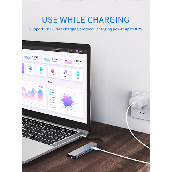 USB C -keskitin, USB C -sovitin MacBookille, 6-in-1 USB Type-C - HDMI 4K -moniporttikeskitin, yhteensopiva Type-C -kannettavien, kuten MacBook Pron, Dell XPS:n ja Chromebookin kanssa