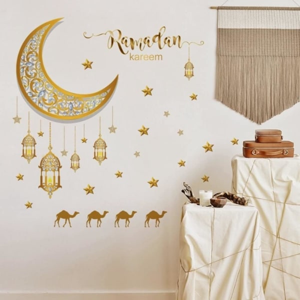 Ramadan Eid Mubarak Väggdekor Moon Star Lantern Decal Self Adh