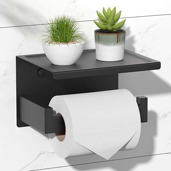 Selvklæbende toiletpapirholder med hylde, vægmonteret toiletpapirholder kompatibel med badeværelse, SUS 304 rustfrit stål, ingen boring nødvendig