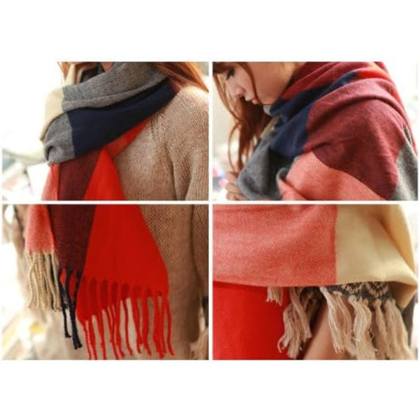 Vinterhalsduk Kvinna Rutiga Lång Varm Halsduk Stor Mjuk Sjal Scarves Tofsar Elegant Wrap Sjal Stoles Halsduk(195*65cm)