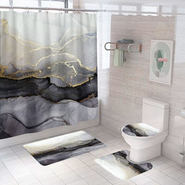 4 delar marmor duschdraperi Set med matta, svart gråguld Badkar