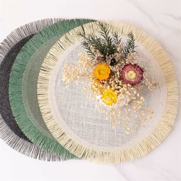 Vevde runde dekkebrikker 38 cm, Boho dekkebrikker med dusk, S