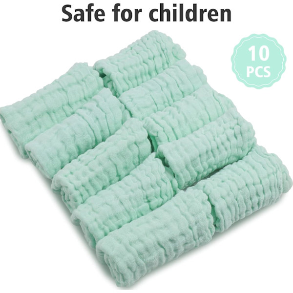 10 stk. Baby Muslin Vaskeklude, 100% Økologisk Bomuld, Genanvendelige Baby Ansigtshåndklæder, 30 x 30 cm Ekstra Bløde Vaskbare Vaskeklude til Nyfødt Hud (Grøn)