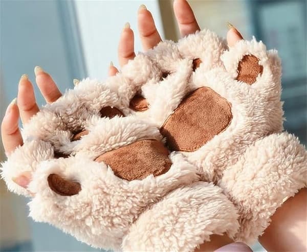 Bløde Plys Katte- og Bjørn Vinterhandsker, Off-White