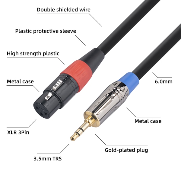 3,5 mm XLR-liitäntäkaapeli, XLR-naaras 3,5 mm mini-liitäntä mikrofonikaapeli videokameroille, DSLR-kameroille, tietokoneen tallennuslaitteille jne. - 1 m