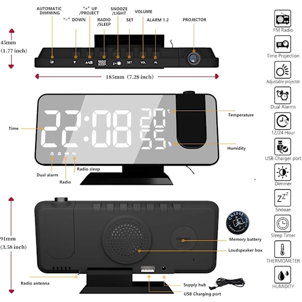 Projektor med radio, digital klocka, USB-radio med dubbel alarm och 7 LED-spegelskärm, snooze, 4 ljusstyrkenivåer, 12/24h, 15 volym, för hem, kontor