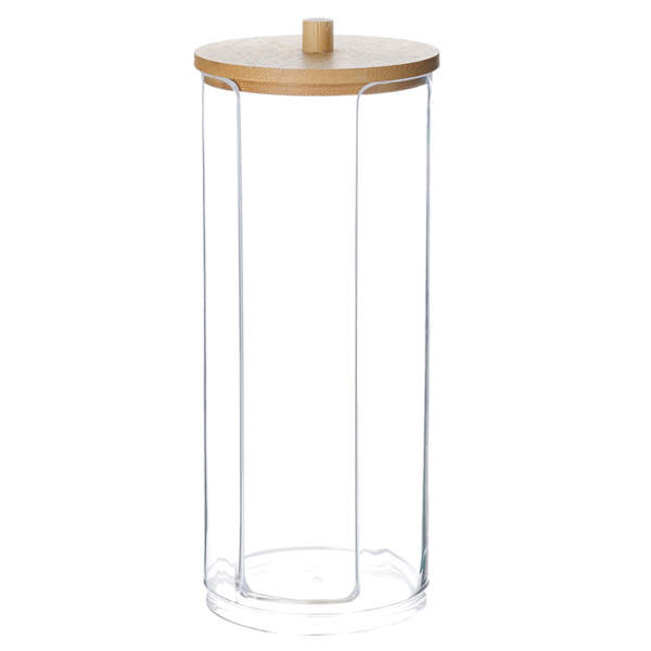 Bomuldsopbevaring 1. akryl, bambus, badeværelse, bomuldsdispenser med låg, HxD: 19,5x6,9cm, transparent/naturlig