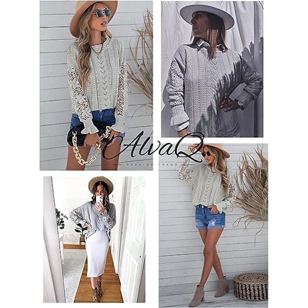 Kvindernes Blonder Hæklet Langærmet Crewneck Sweater Vinter Strik Pullover