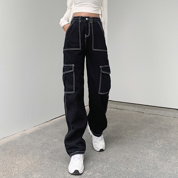 Fickor Patchwork Baggy Jeans Fashion Streetwear 100% Bomull Kvinnor Denim Byxa Lös