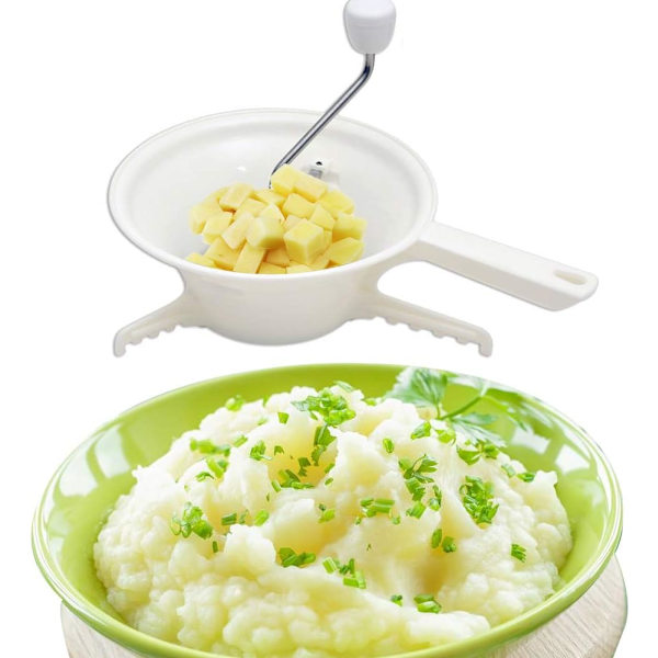 Manuaalinen ruokamyrsky, 33,5 × 11,5 cm, muovi ja ruostumaton teräs, manuaalinen ruokamyrsky, manuaalinen ruokamylly, hilloille, vihannessoseille, hedelmille
