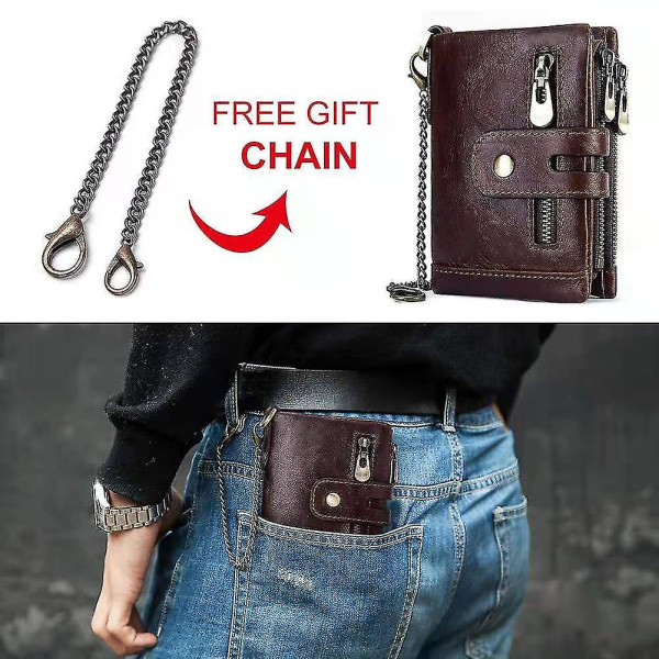 Rfid Blocking Mens Real Leather Wallet - Key Belt Chain Buttoned