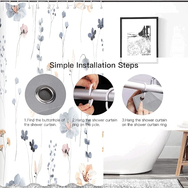 Decoreagy Akvarell Blommig Duschdraperi Set, Blå Beige Blommor