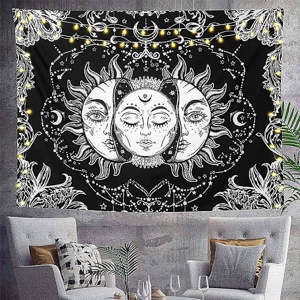 Sol och måne väggbonad psykedelisk gobeläng, mandala väggbonad väggduk estetisk tarot psykedelisk väggmatta tygkonst dekoration för sovrum vardagsrum (svart & vit, 200x150cm)